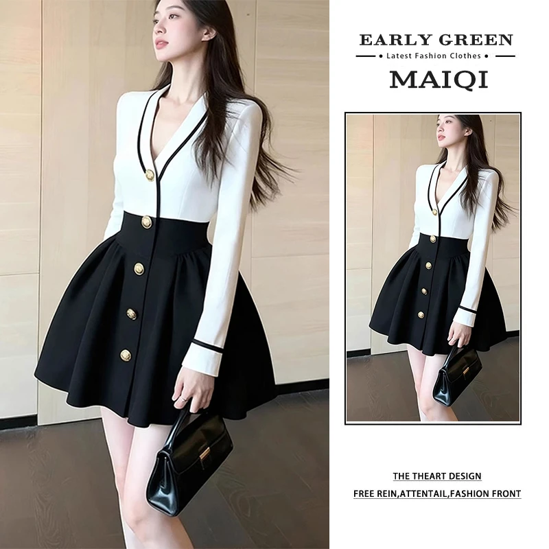 2025新款法式小香风V领连衣裙女气质千金风收腰显瘦A字公主短裙秋