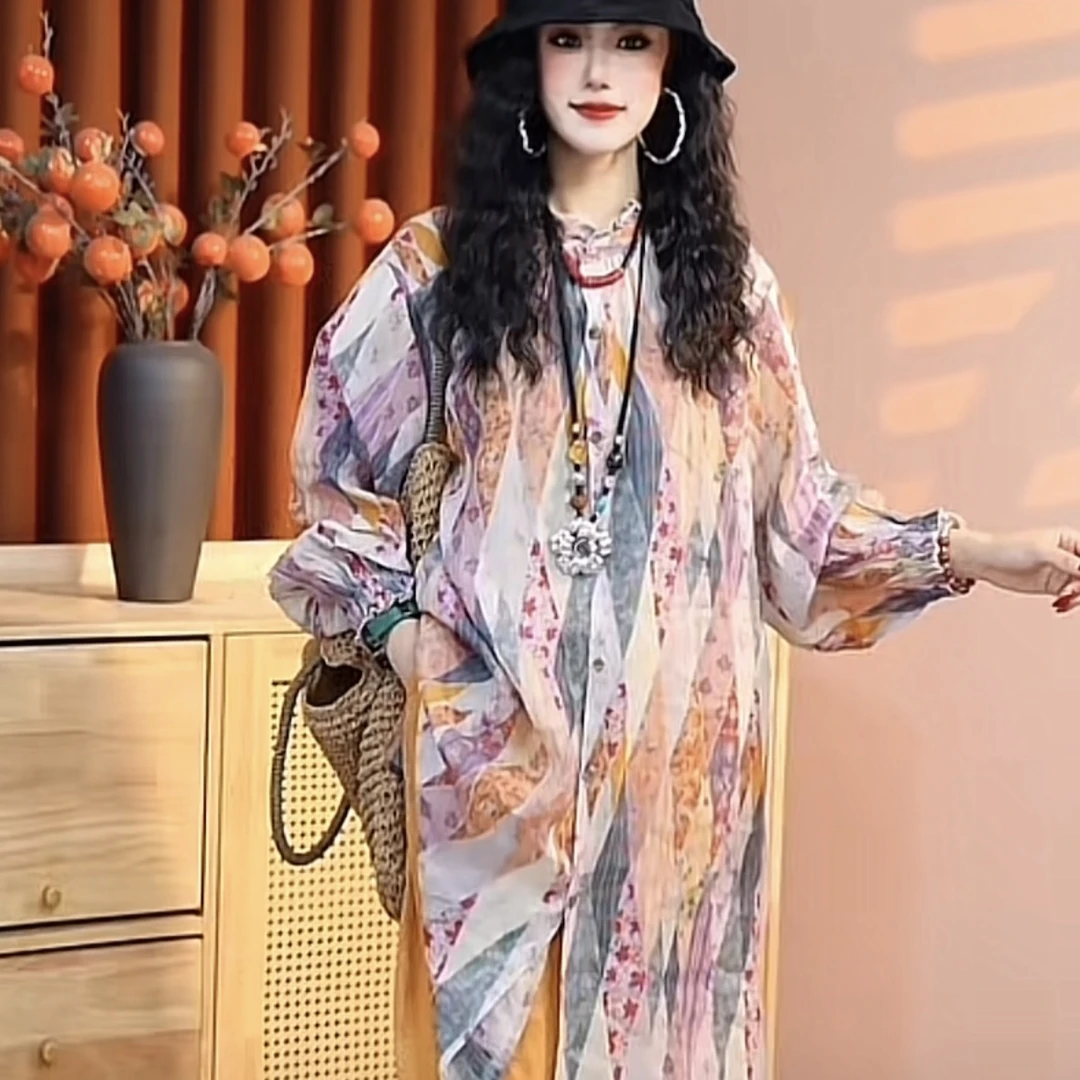 【乔一推荐】2025春季花色中式复古透气苎麻中长款女上衣26047