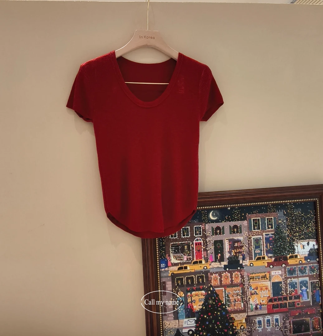 韩国代购. Call my name  西柚 红色天丝麻针织