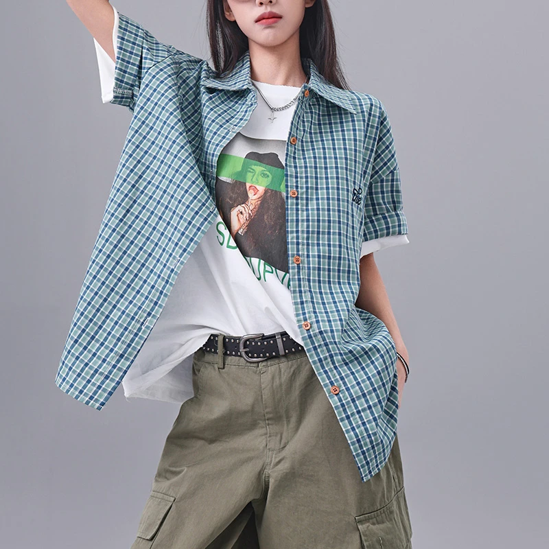 KEN STUDIO夏季新款POLO领格纹短袖衬衫女日系设计感休闲百搭上衣