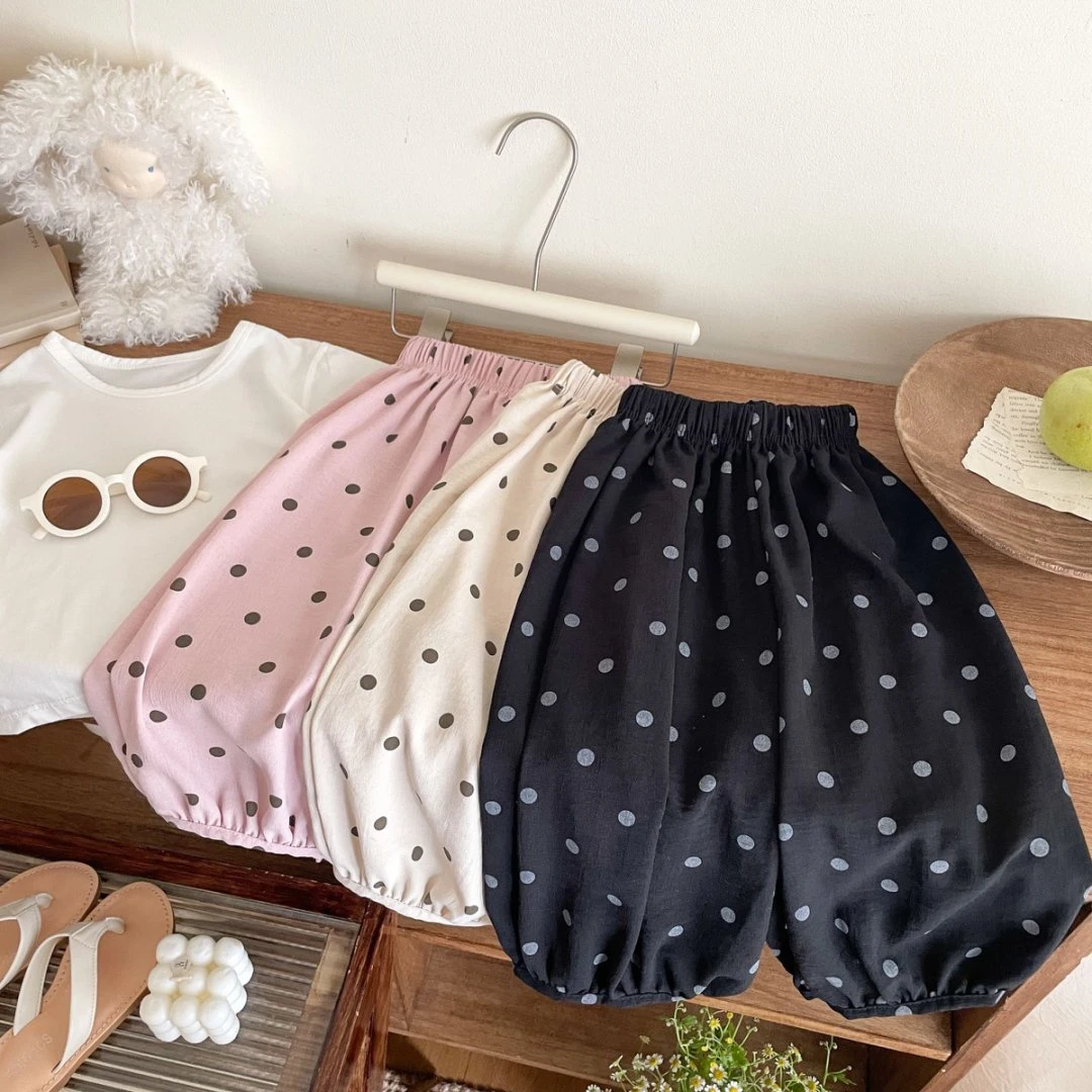 2025新款冰丝男女童圆点亚麻束脚宽松韩系外出休闲宽松超好看裤子