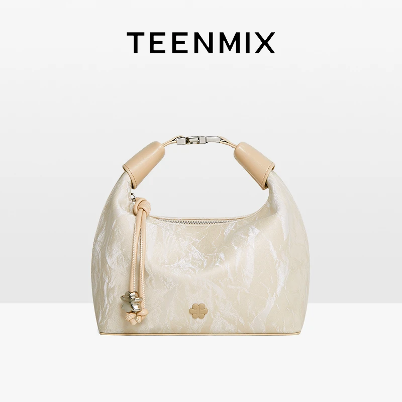 天美意女包新款新中式饭盒包牛皮手提包大容量牛角包斜挎包潮