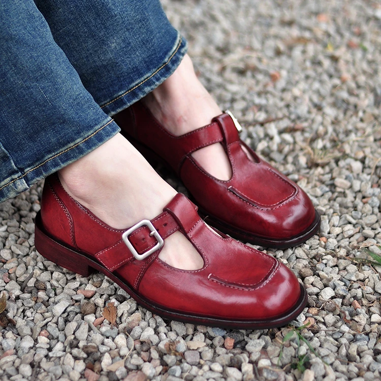 t字带重水洗马皮2025年春季新款复古粗跟休闲玛丽珍单鞋女鞋