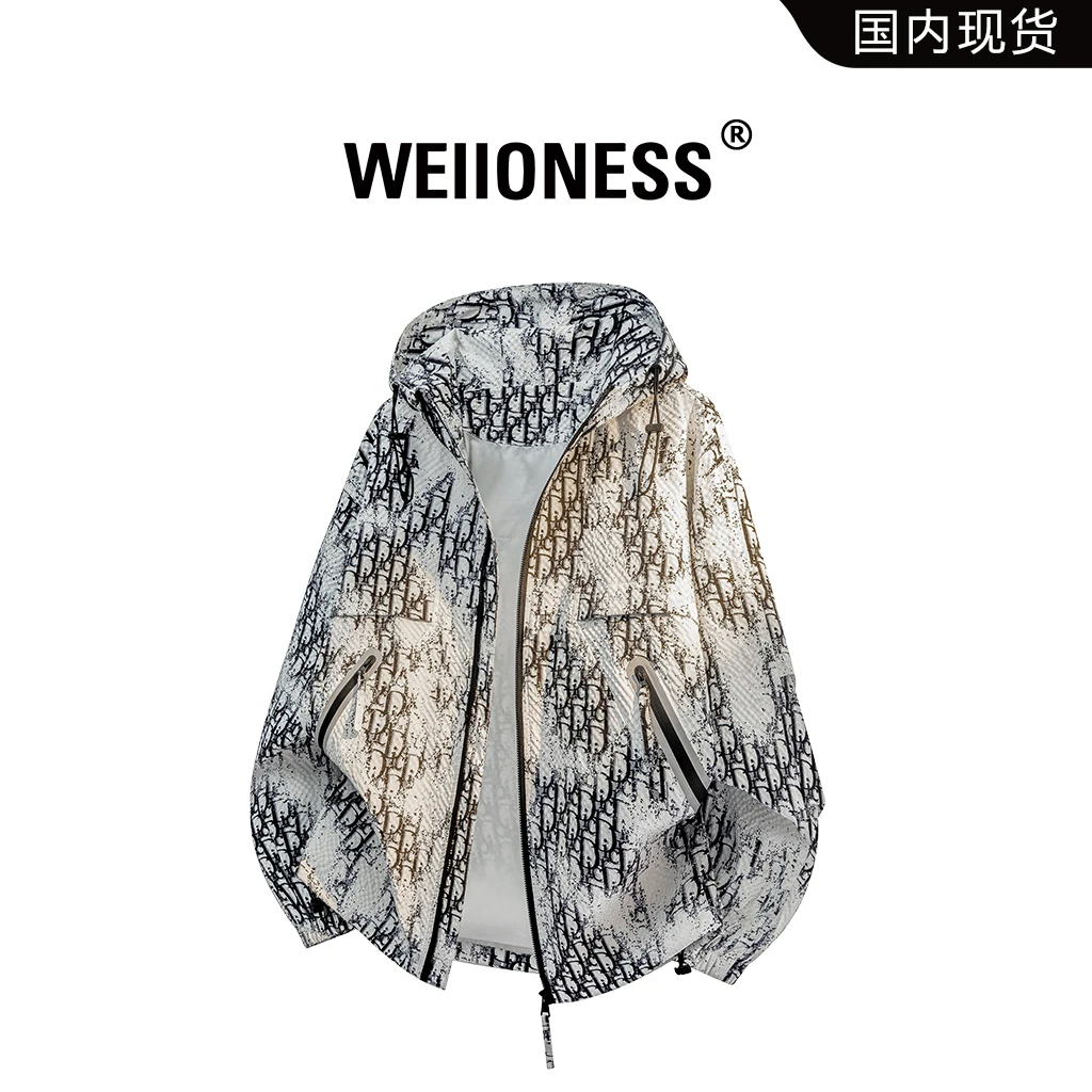 WEIIONESS休闲连帽夹克男士2025秋季潮牌字母满印高级感男装外套