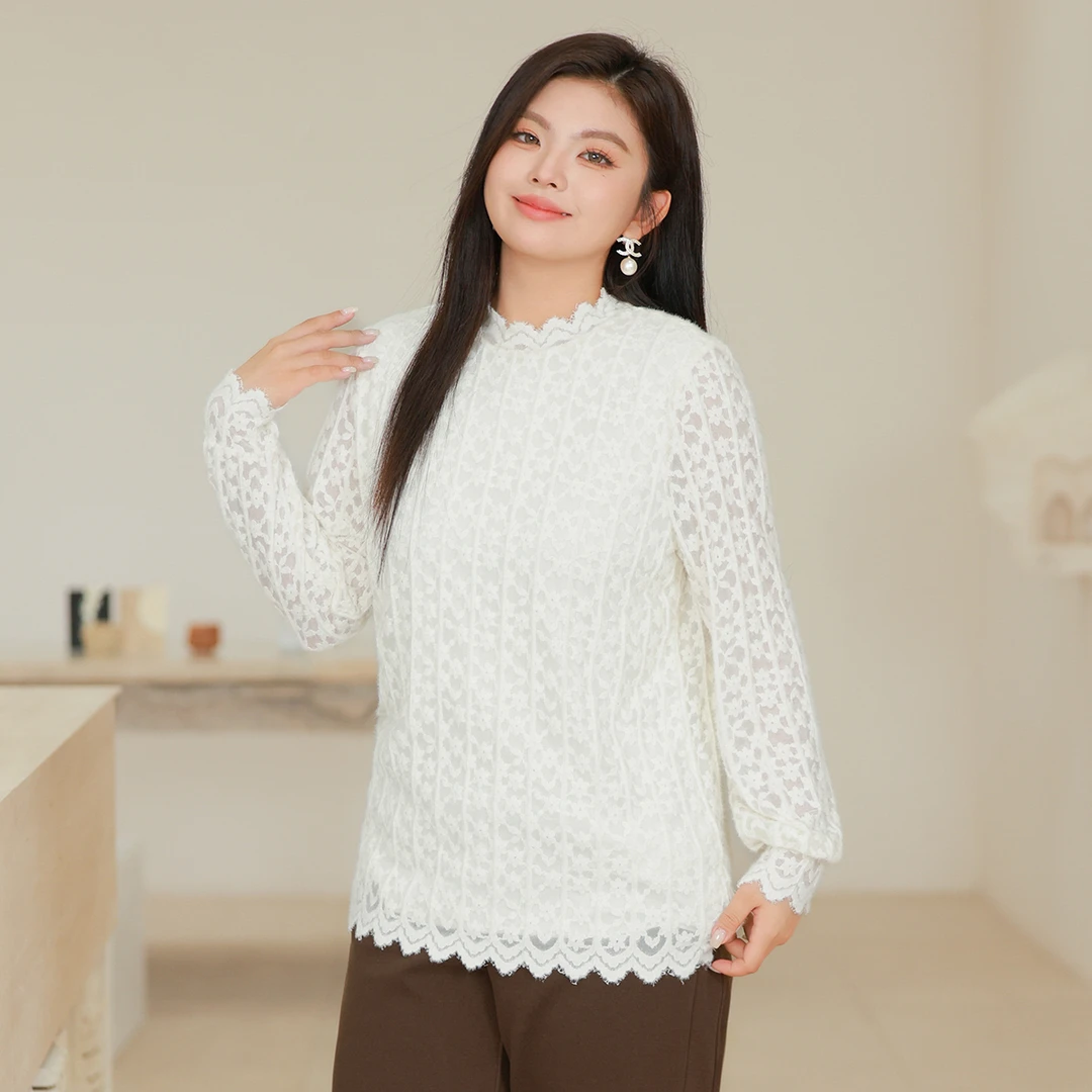 【早春植绒提花蕾丝】MsShe大码女装气质立领长袖蕾丝衫S~M2409115