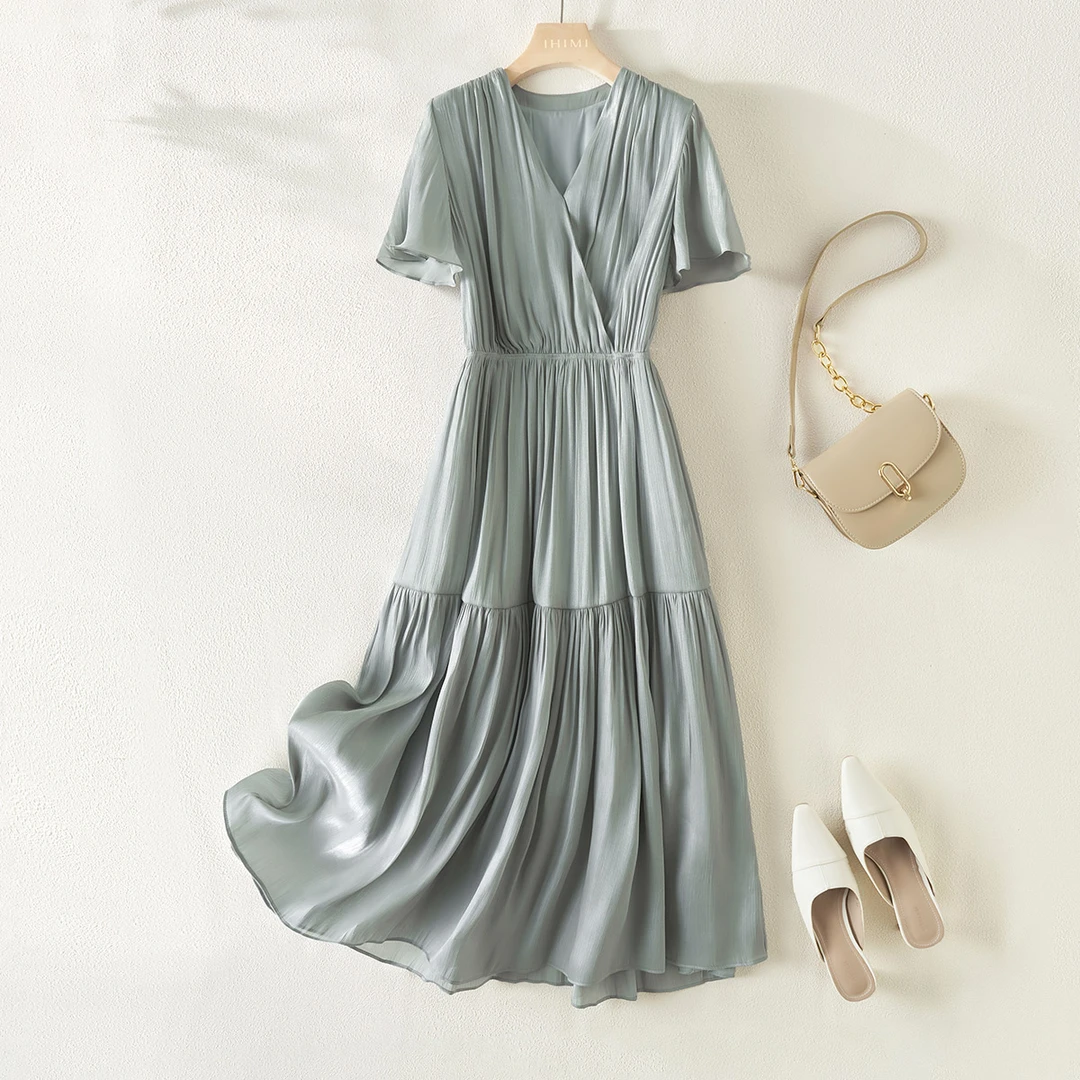 IHIMI/海谧2025夏季新款女装简约气质优雅收腰中长款连衣裙6163