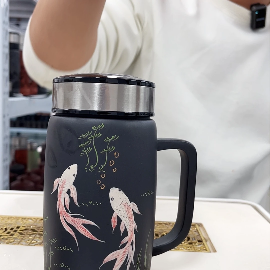 茶杯紫砂双鱼把手杯