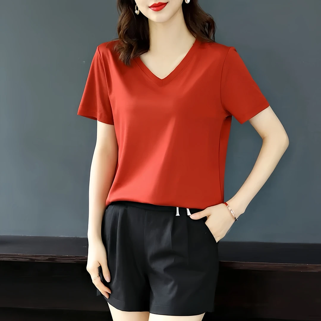 [锦蓉]春夏宽松真丝短袖V领T恤上衣