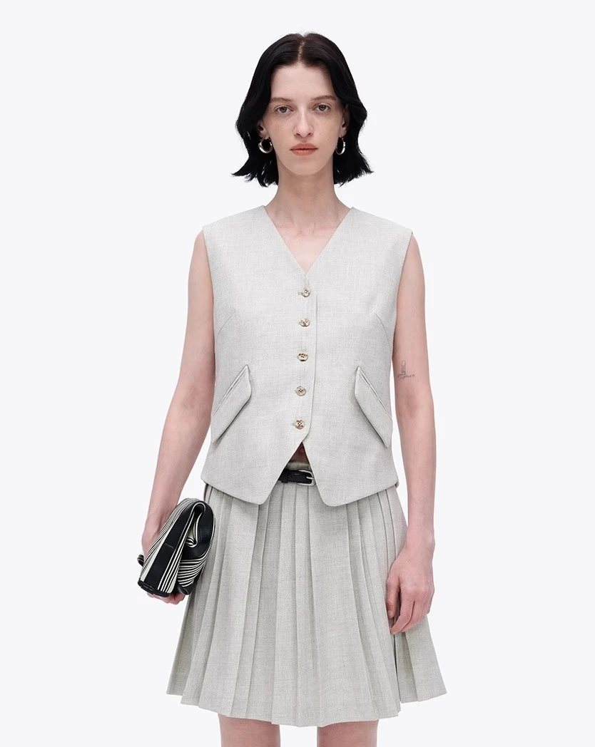 杰瑞【南亭晚风】麻感混纺不规则A字百褶短裙无腰头设计半身裙套装