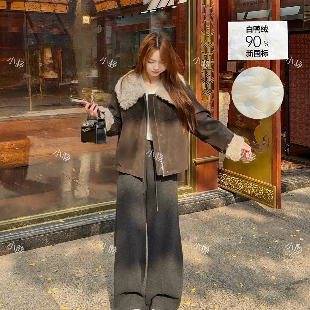 【90白鸭绒】冬季蛋白皮拼接羊卷毛领人里面90绒休闲宽松洋气女士