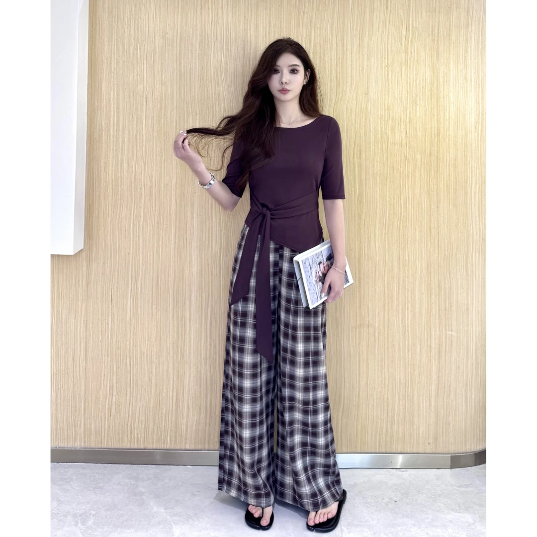 【有运费险】早秋格子阔腿裤子百搭上衣时尚套装宽松轻职风休闲复古