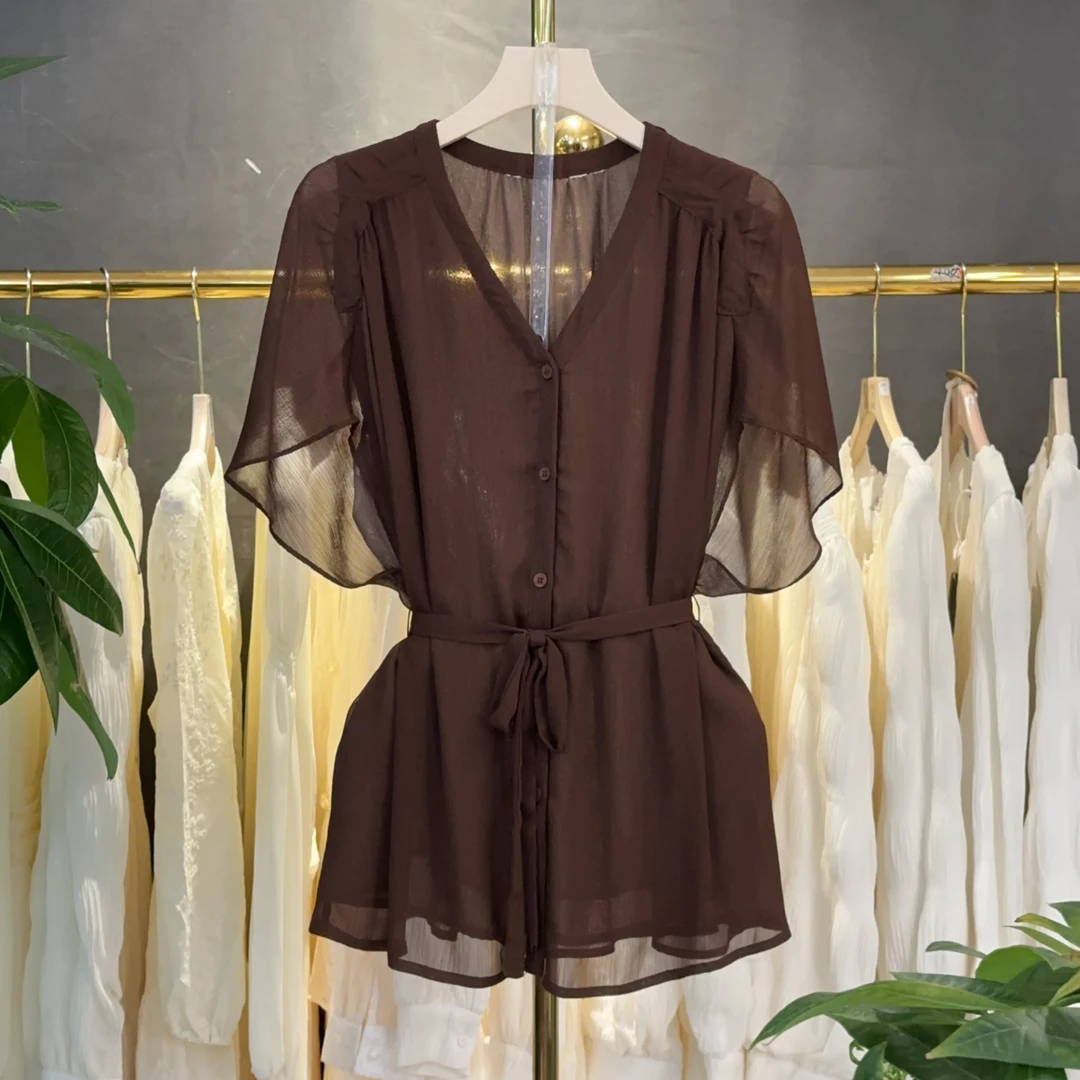 时尚法式气质系带短袖咖色衬衫2025夏季新款修身显瘦减龄小衫