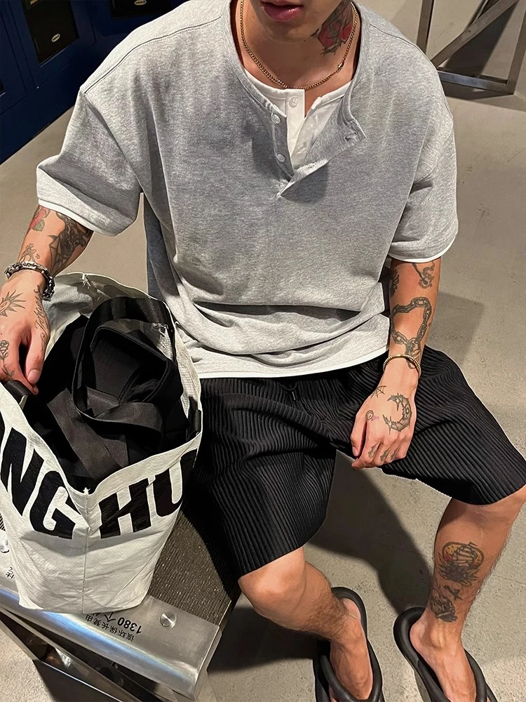 A1MP美式男女春夏季假两件亨利领老钱风短袖T恤宽松半袖体恤潮牌