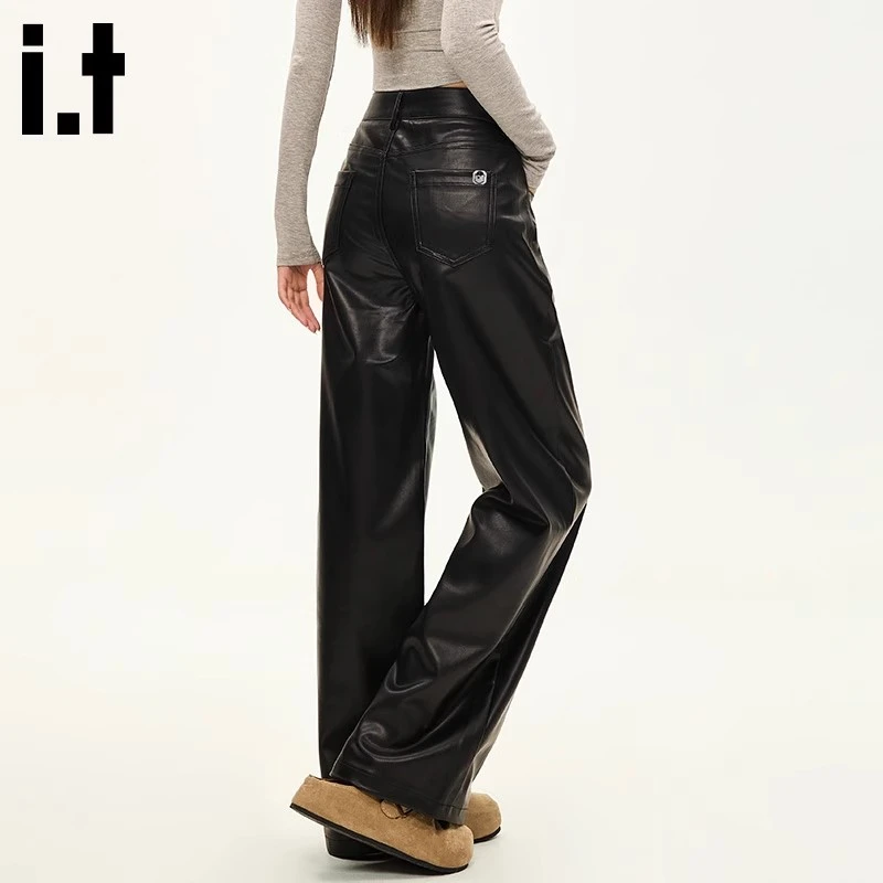 i.t:CHOCOOLATE高级感PU皮裤女士冬季新款潮牌显瘦垂感休闲直筒裤