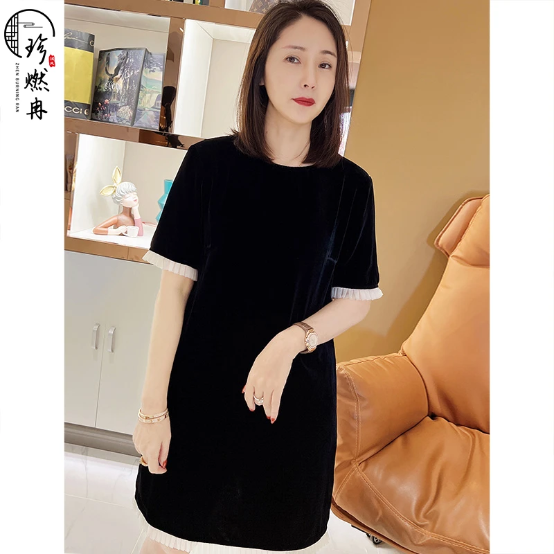 【珍珍优选】蚕丝丝绒纯色荷叶边女神裙夏季显瘦中式连衣裙67479