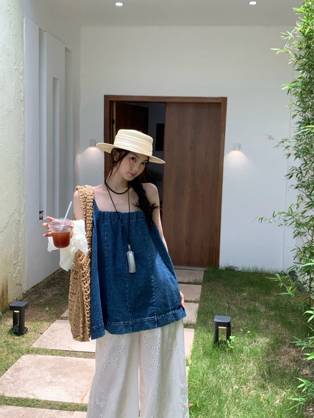夏日七分糖～韩系复古可调节肩带牛仔洗水吊带上衣显瘦设计感时尚