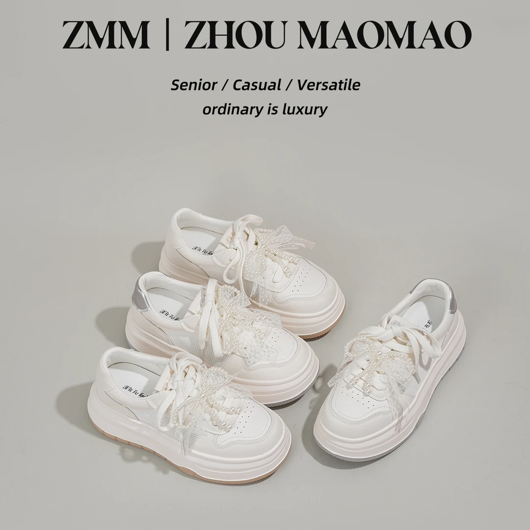 周毛毛2025新款韩版百搭蝴蝶结珍珠小白鞋网面透气增高休闲板鞋