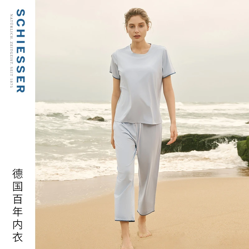 SCHIESSER舒雅25年春夏新品女士莱赛尔棉亲肤自带胸垫家居服套装