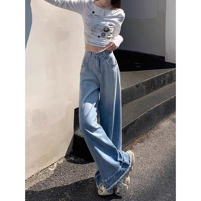 300斤大码女装浅色阔腿牛仔裤胖mm设计感渐变垂感复古毛边拖地裤