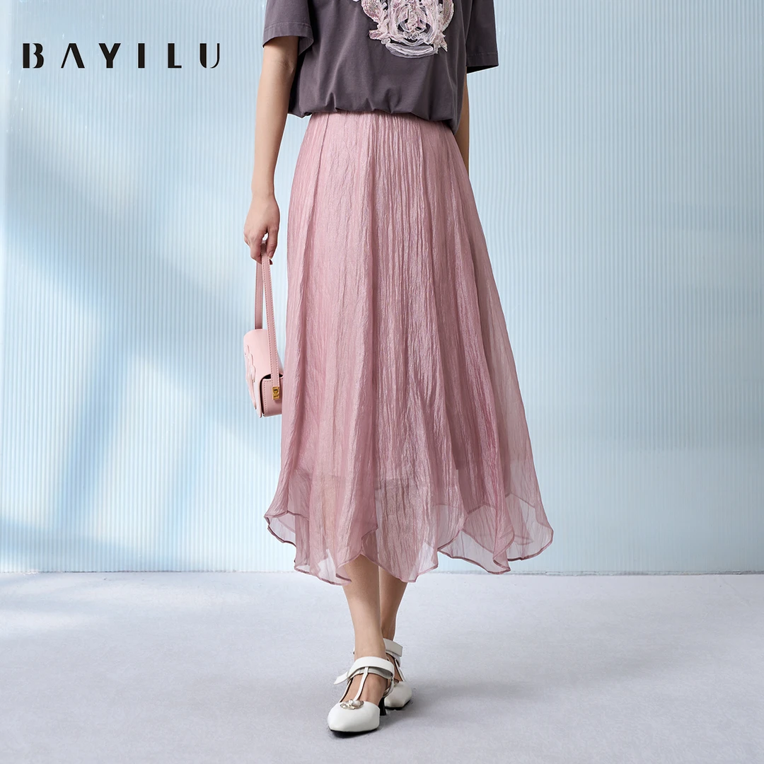 【力力淘】芭依璐夏季半身裙女纱裙不规则长裙90Q3015