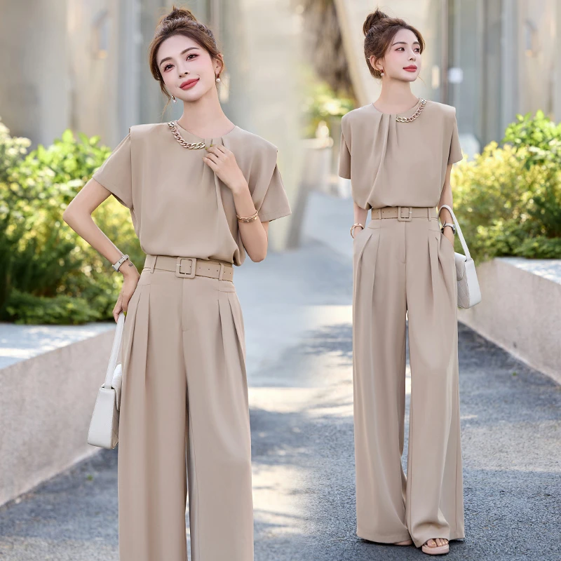 休闲时尚套装女2025夏季新款高级感气质显瘦减龄阔腿裤职业两件套