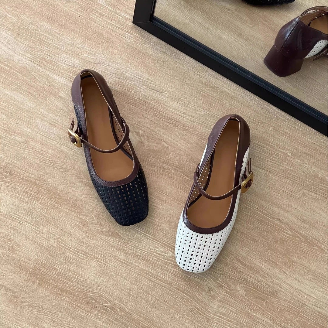 HUSSLOVE 羊皮·跟高4CM·百搭简约拼接仿编织镂空一字带中跟单鞋