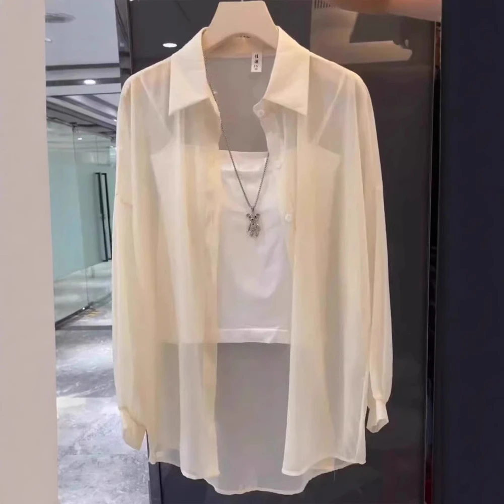 百搭珠光砂冰丝长袖防晒衣2025夏季新款女外搭衬衫宽松上衣雪纺衫