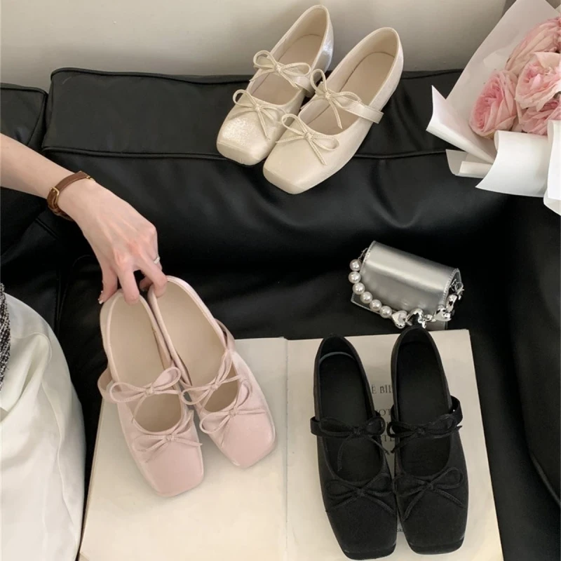 方头小个子内增高蝴蝶结2025春季新款芭蕾鞋单鞋配裙奶奶鞋绸缎面