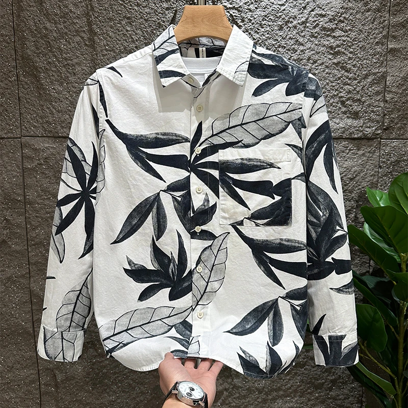 春秋潮流日系印花长袖衬衫男士时尚上衣百搭文艺休闲宽松衬衣外套