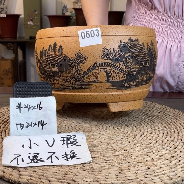 紫砂花盆 微微瑕柴烧水乡大鼓0603