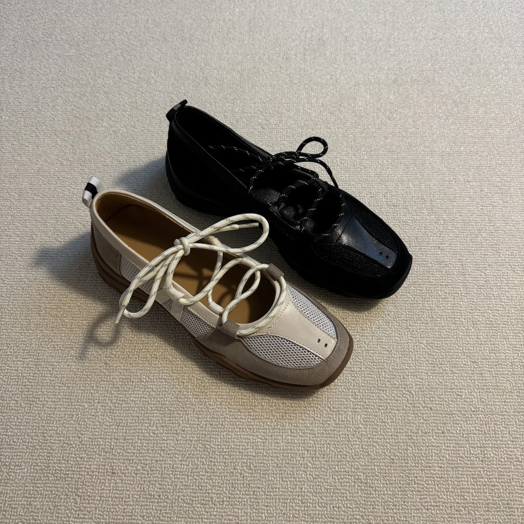 六也「绑带芭蕾」小众复古真皮拼接透气厚底运动休闲玛丽珍女L905