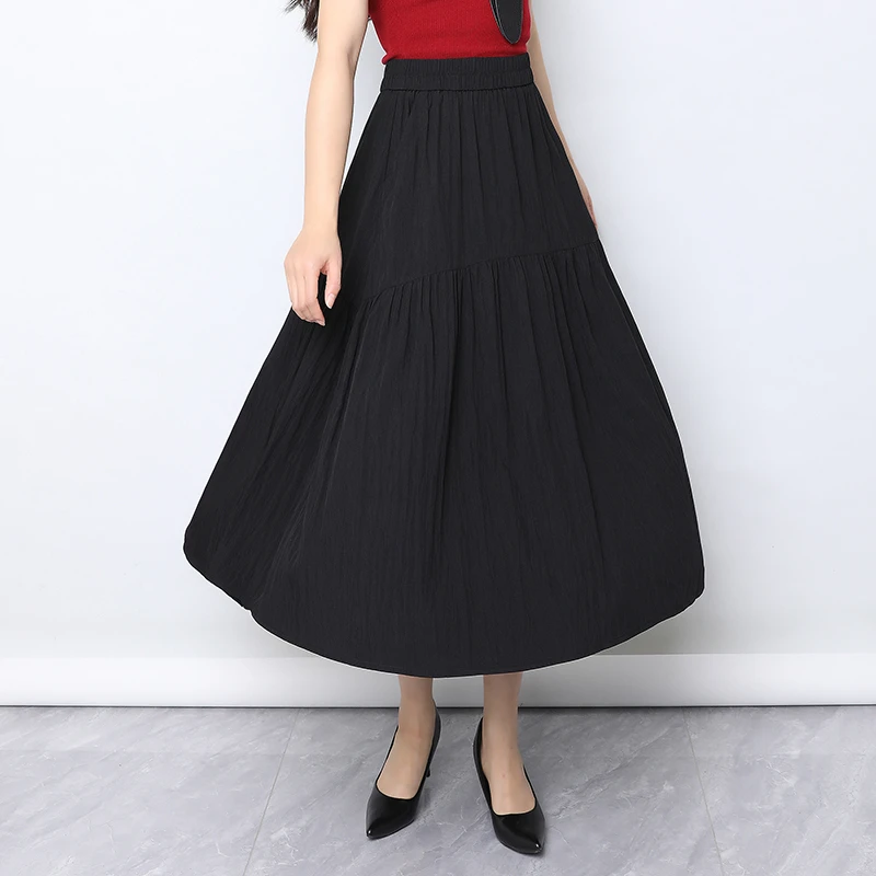 黑色休闲半身裙女夏季2025新款高腰垂感a字裙中长款显瘦百褶伞裙