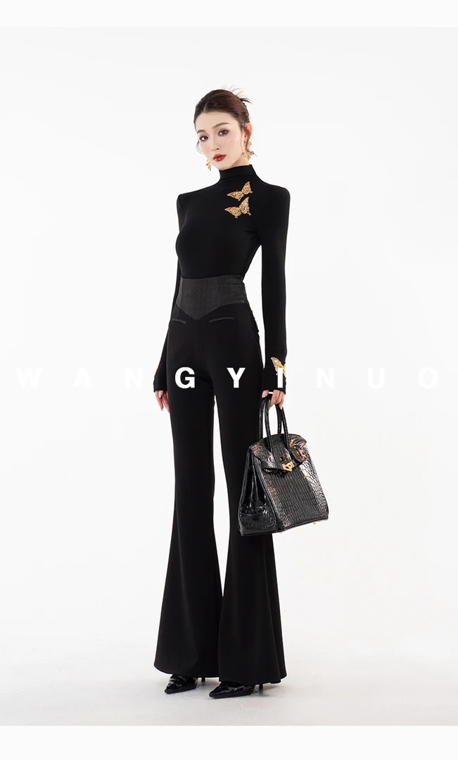 【自然灵域】秋时尚加绒显瘦半高领打底拼接垂感西装微喇裤套装3481