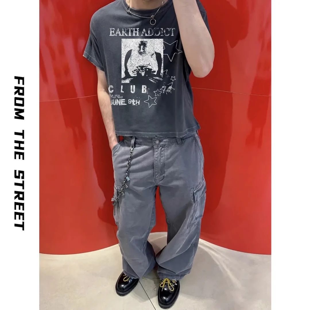 来自街头复古五角星印花单缝线短袖磨破Vintage轻薄短款破坏T恤