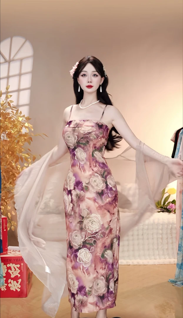 【金粉世家】潇夫人自制修身显瘦烫金冰丝新中式国风旗袍吊带裙8035
