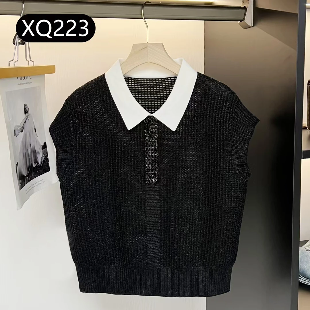 【吉岚严选】2025夏季新款小翻领镂空气质显瘦无袖针织衫女XQ223