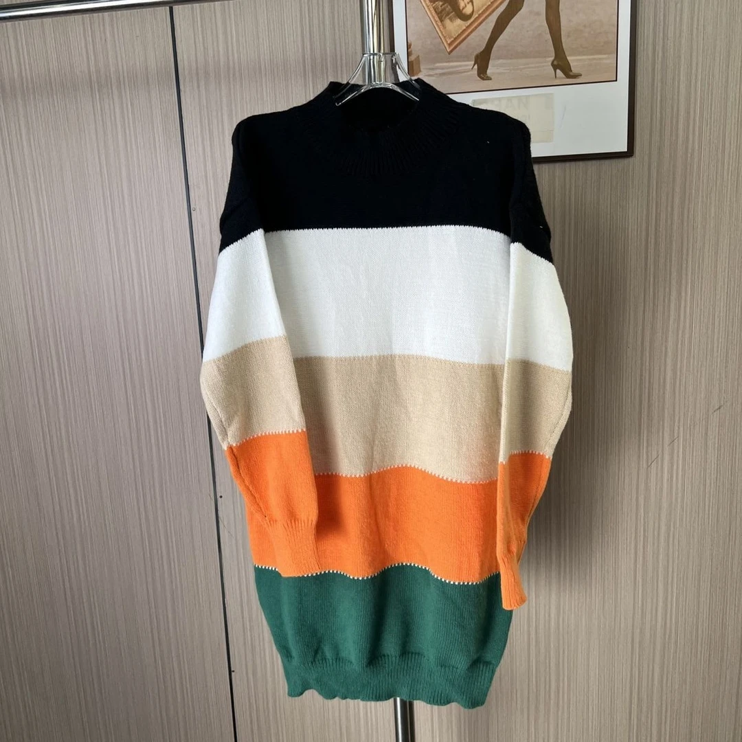 9328撤柜秋冬潮流撞色休闲韩版宽松圆领毛衣清新针织衫连衣裙