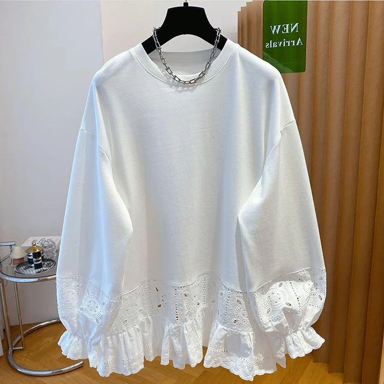 盼可欣大码240斤蕾丝镂空长袖T恤女秋季宽松纯棉胖mm韩系穿搭上衣