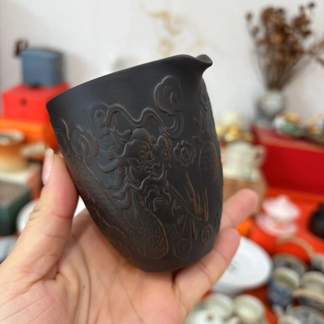 友名 黑色龙凤呈祥陶瓷公道杯茶水分离杯-6352