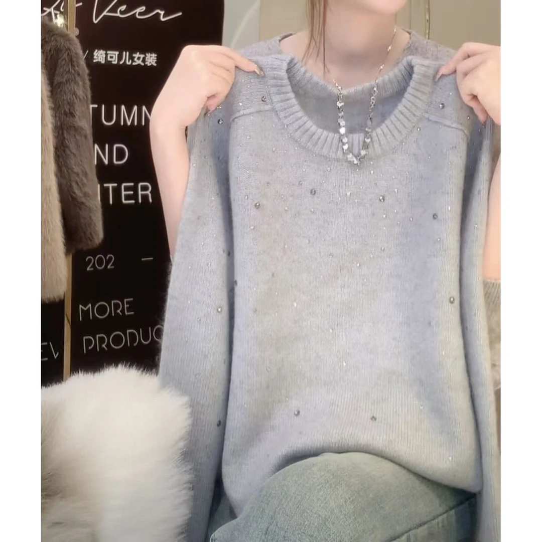 【绮可儿】冬季新款法式重工钉珠圆领针织衫女宽松设计感小众毛衣