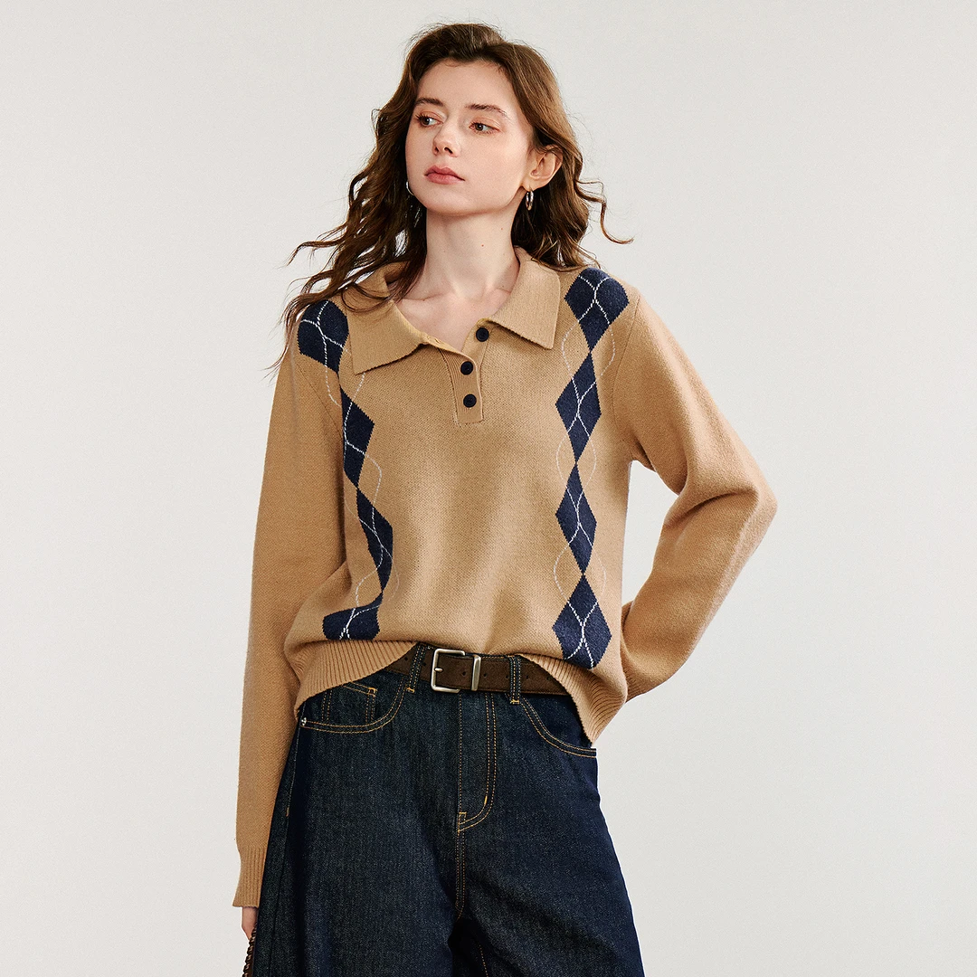 【初语服饰】毛衣复古菱格轻运动减龄百搭针织上衣8533042