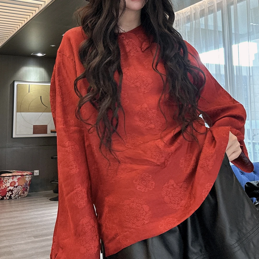 【周周家】国风红色网红长袖时尚气质提花衬衫上衣