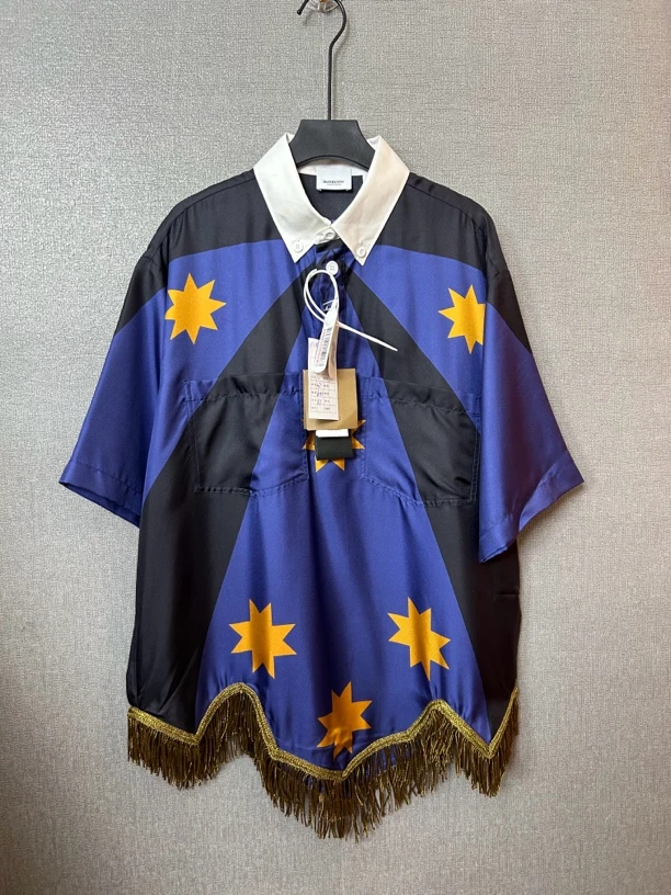 99新 BURBERRY/博柏利 蓝色流苏半袖衬衫