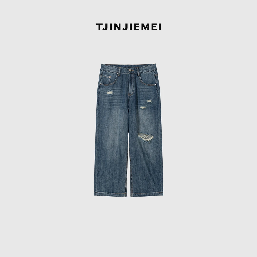 T井姐妹【破洞牛仔】设计感百搭显瘦宽松牛仔裤KZ2505-805147