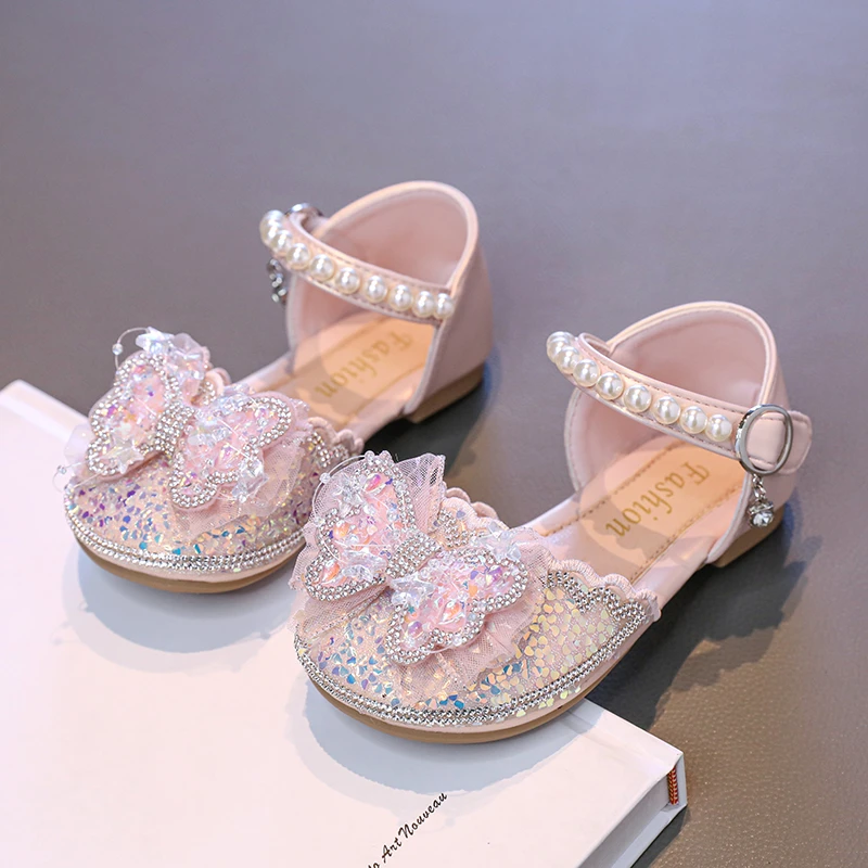 2025新品新款儿童皮鞋珍珠亮钻水晶鞋女童公主鞋软底舒适浅口鞋潮