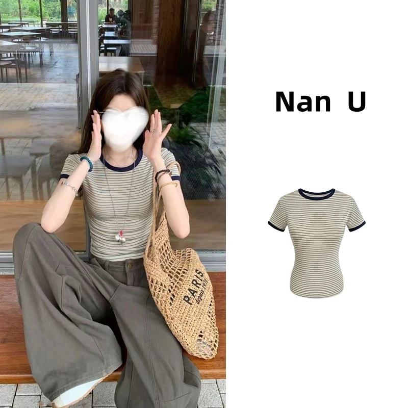 淡人日志 莱赛尔条纹圆领拼接设计夏季短袖T恤