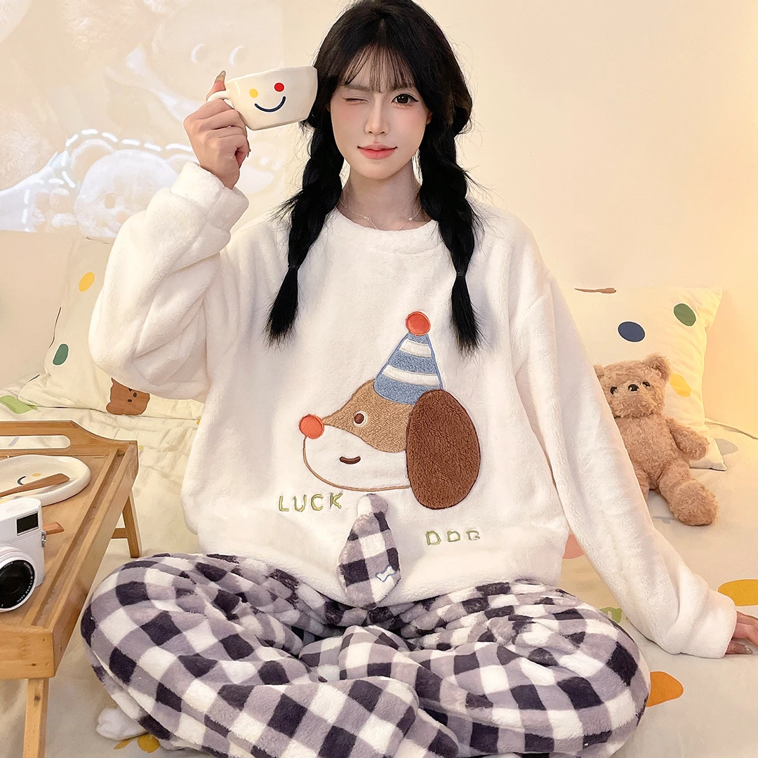 2025新款珊瑚绒睡衣女秋冬季加厚可爱卡通法兰绒家居服休闲套装冬