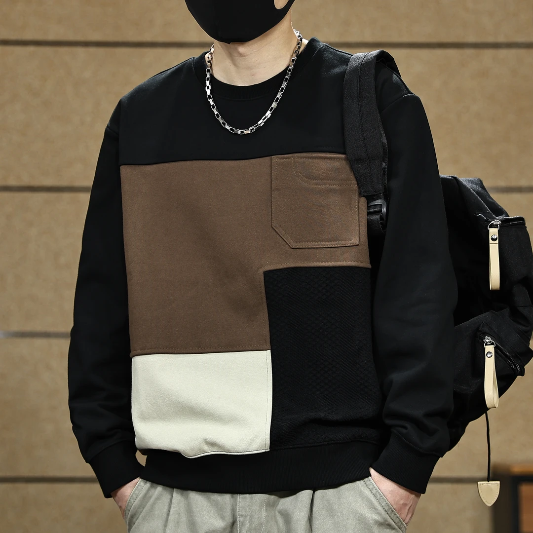 高级感拼接撞色圆领卫衣男士2026新款时尚百搭宽松无帽套头上衣服