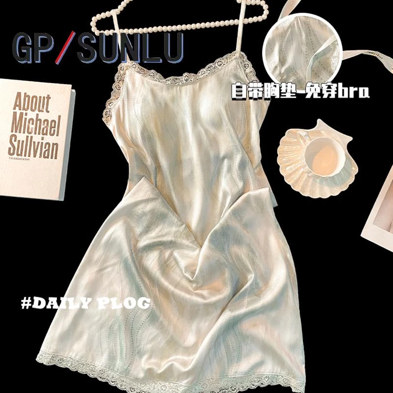 日本小众GP纯欲蕾丝边吊带睡裙女夏季冰丝性感睡衣带胸垫家居服夏