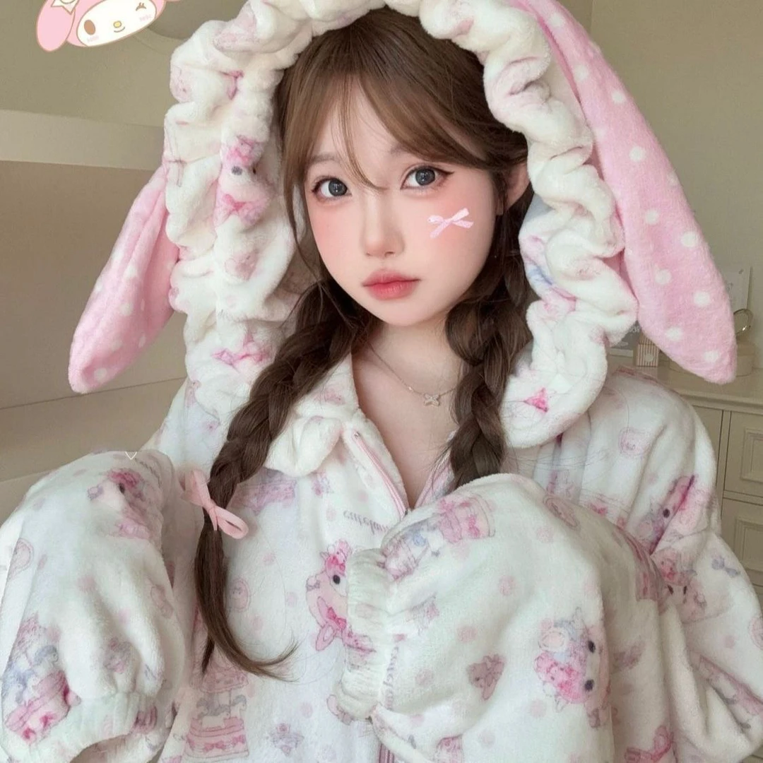 秋冬季可爱卡通兔耳连帽法兰绒加绒加厚保暖可外穿睡衣女家居服